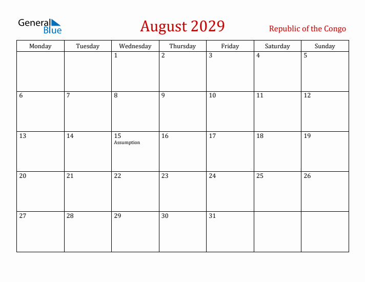 Republic of the Congo August 2029 Calendar - Monday Start