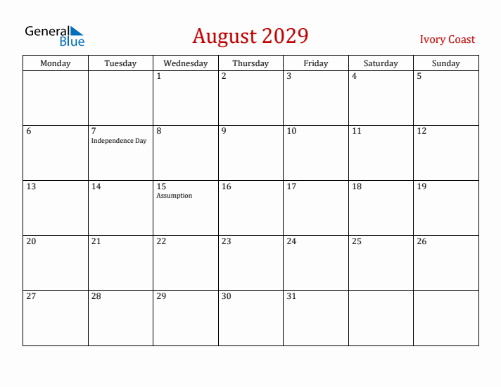 Ivory Coast August 2029 Calendar - Monday Start