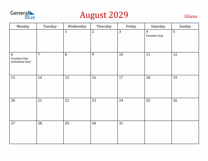 Ghana August 2029 Calendar - Monday Start