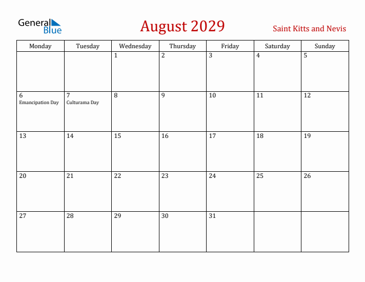 Saint Kitts and Nevis August 2029 Calendar - Monday Start
