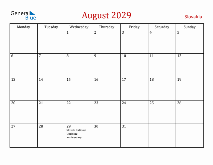 Slovakia August 2029 Calendar - Monday Start