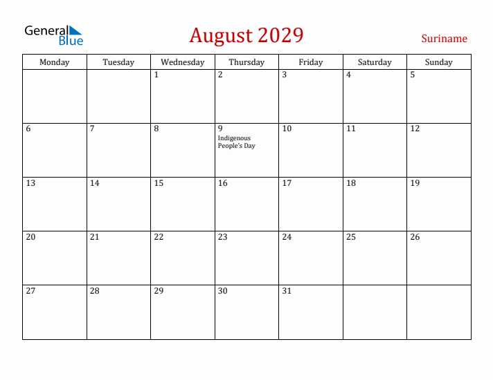 Suriname August 2029 Calendar - Monday Start