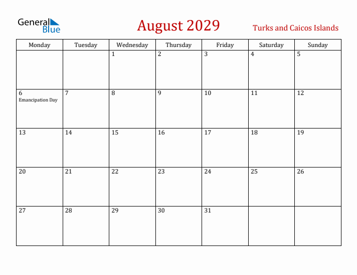 Turks and Caicos Islands August 2029 Calendar - Monday Start