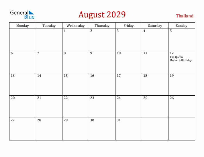 Thailand August 2029 Calendar - Monday Start