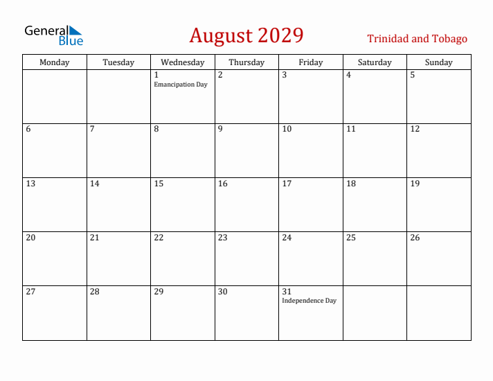 Trinidad and Tobago August 2029 Calendar - Monday Start