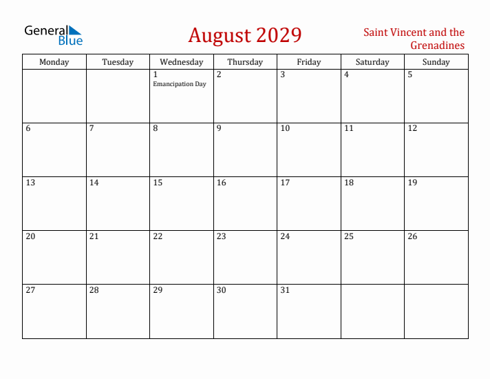 Saint Vincent and the Grenadines August 2029 Calendar - Monday Start