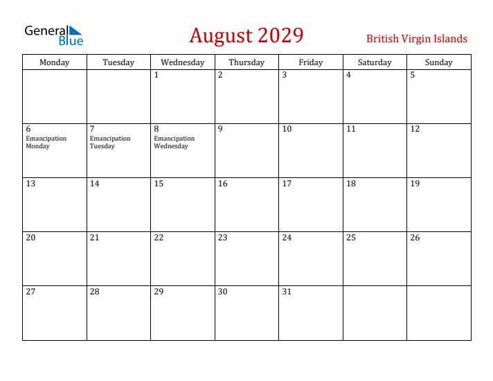 British Virgin Islands August 2029 Calendar - Monday Start