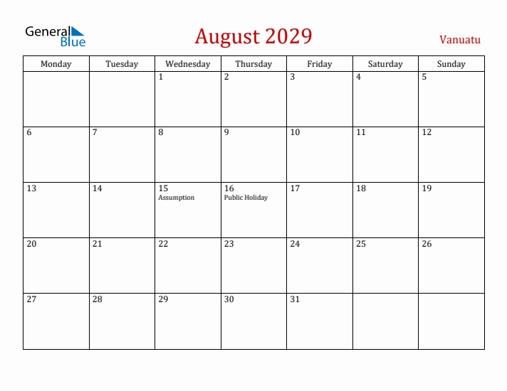 Vanuatu August 2029 Calendar - Monday Start