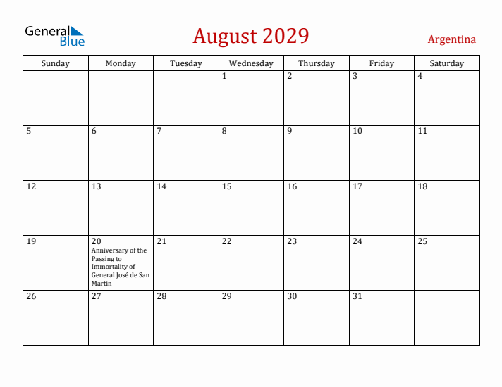 Argentina August 2029 Calendar - Sunday Start