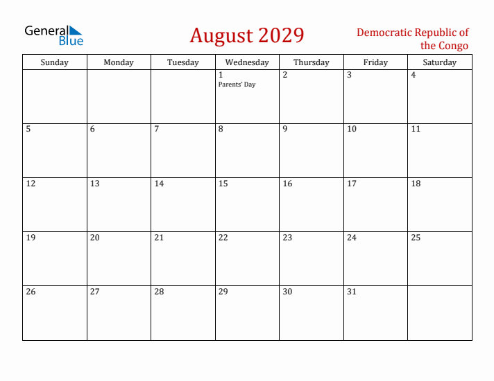 Democratic Republic of the Congo August 2029 Calendar - Sunday Start