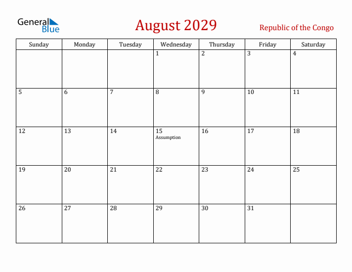 Republic of the Congo August 2029 Calendar - Sunday Start
