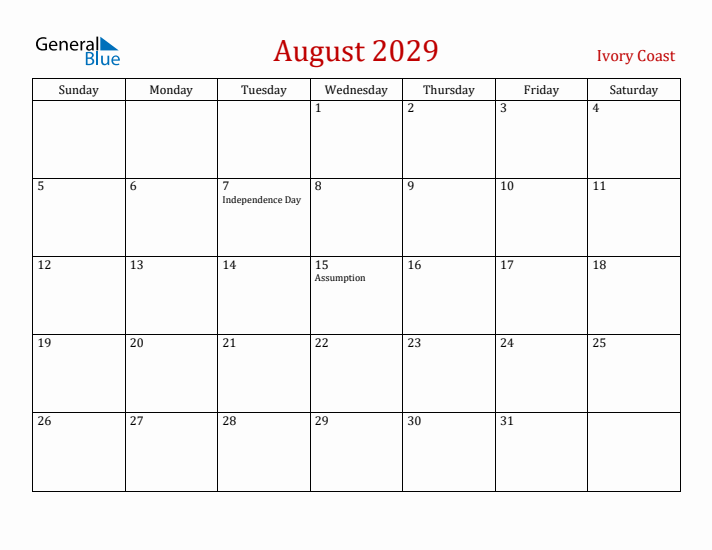 Ivory Coast August 2029 Calendar - Sunday Start