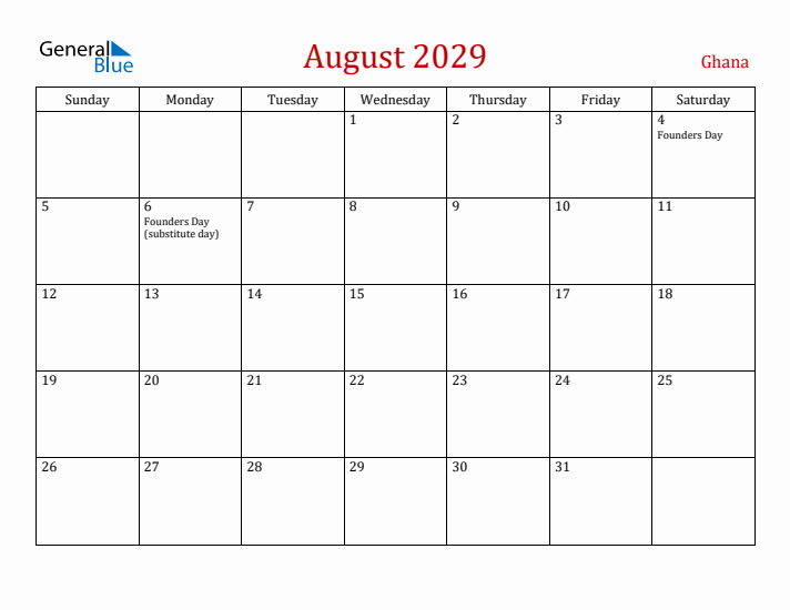 Ghana August 2029 Calendar - Sunday Start