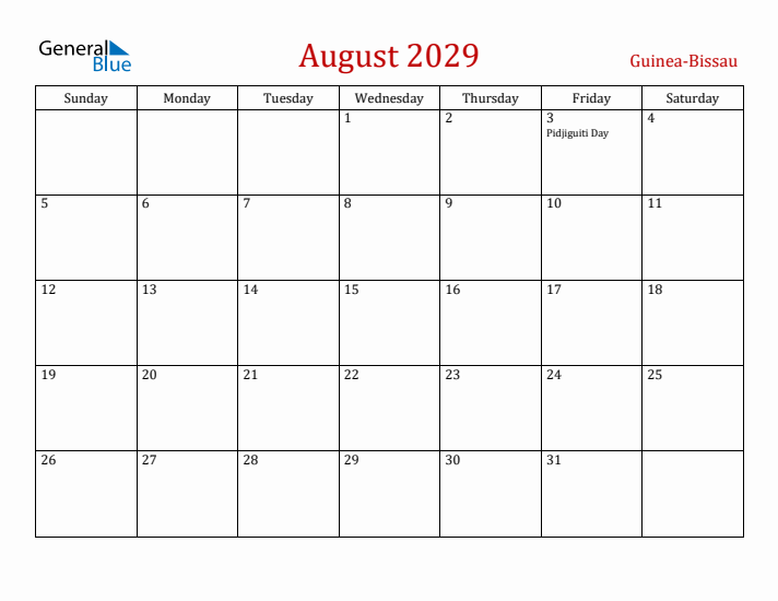 Guinea-Bissau August 2029 Calendar - Sunday Start