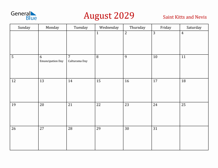 Saint Kitts and Nevis August 2029 Calendar - Sunday Start