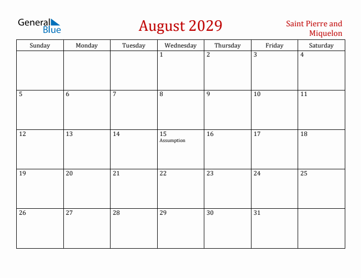 Saint Pierre and Miquelon August 2029 Calendar - Sunday Start