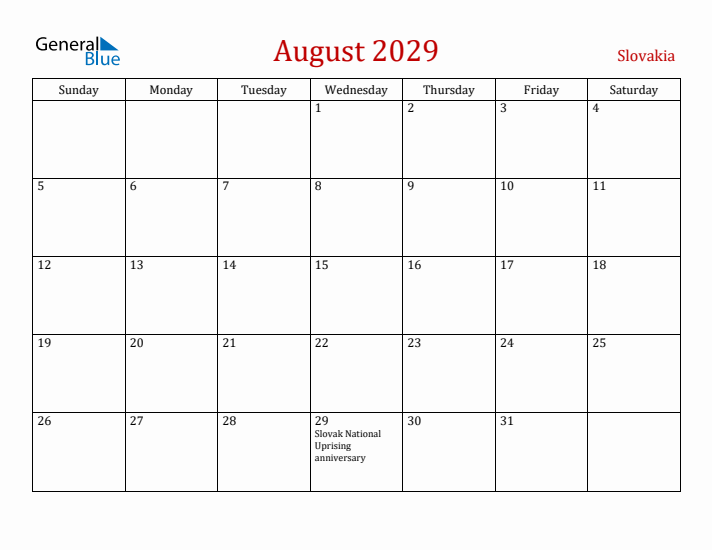 Slovakia August 2029 Calendar - Sunday Start