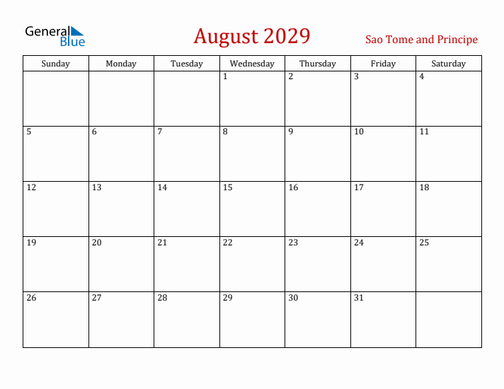 Sao Tome and Principe August 2029 Calendar - Sunday Start