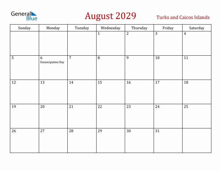 Turks and Caicos Islands August 2029 Calendar - Sunday Start