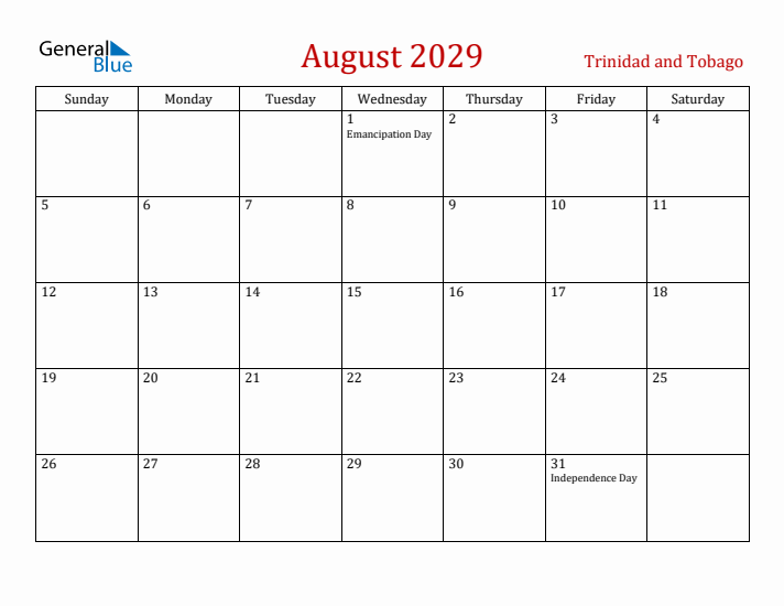 Trinidad and Tobago August 2029 Calendar - Sunday Start