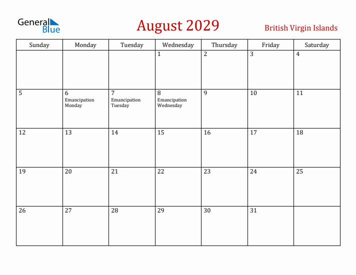 British Virgin Islands August 2029 Calendar - Sunday Start
