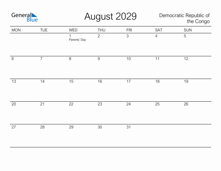 Printable August 2029 Calendar for Democratic Republic of the Congo