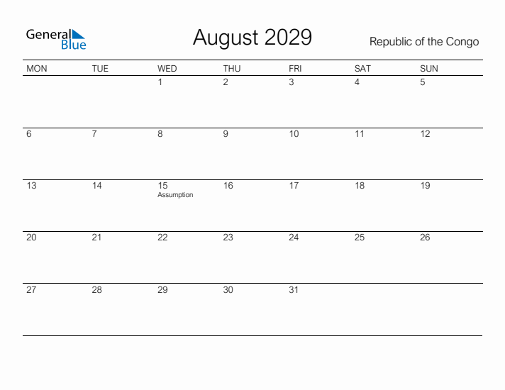 Printable August 2029 Calendar for Republic of the Congo