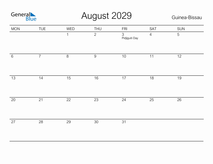 Printable August 2029 Calendar for Guinea-Bissau