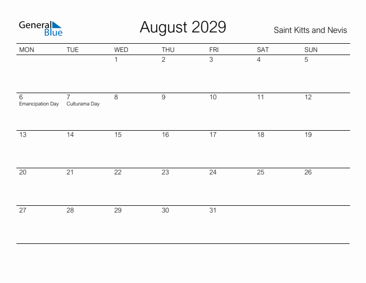 Printable August 2029 Calendar for Saint Kitts and Nevis