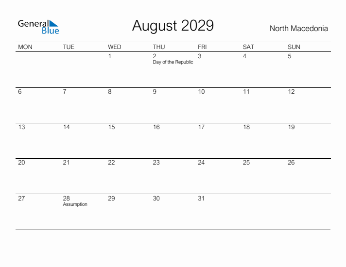 Printable August 2029 Calendar for North Macedonia