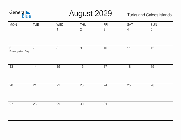 Printable August 2029 Calendar for Turks and Caicos Islands