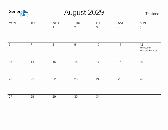 Printable August 2029 Calendar for Thailand