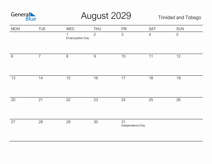 Printable August 2029 Calendar for Trinidad and Tobago