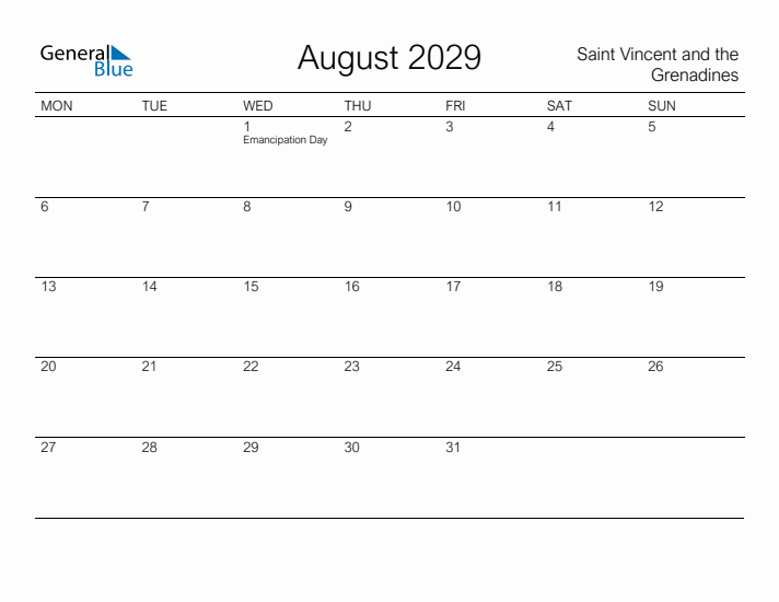 Printable August 2029 Calendar for Saint Vincent and the Grenadines