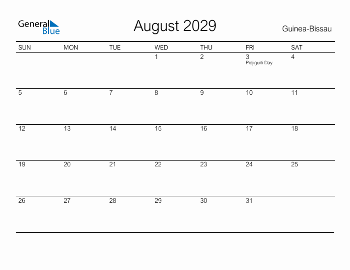 Printable August 2029 Calendar for Guinea-Bissau