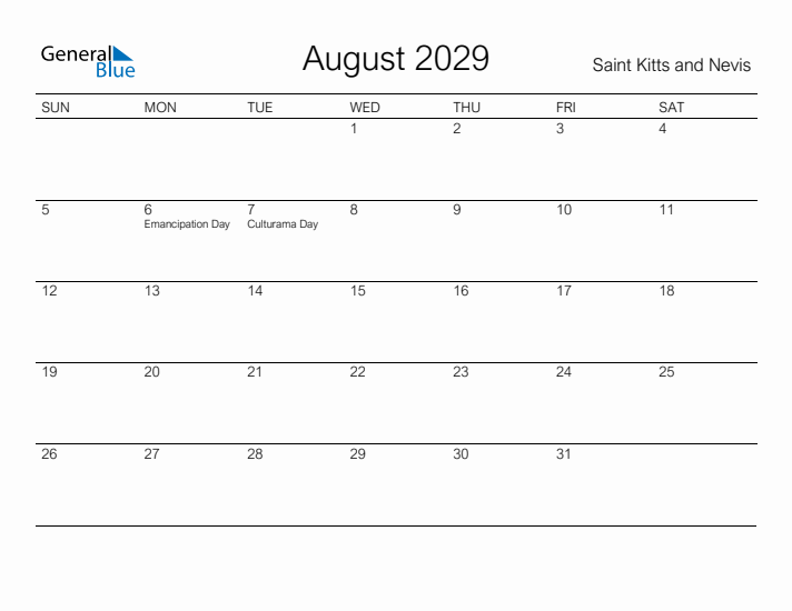 Printable August 2029 Calendar for Saint Kitts and Nevis