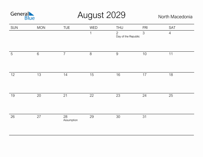 Printable August 2029 Calendar for North Macedonia