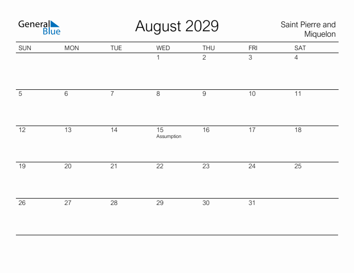 Printable August 2029 Calendar for Saint Pierre and Miquelon