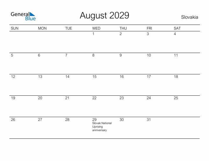 Printable August 2029 Calendar for Slovakia