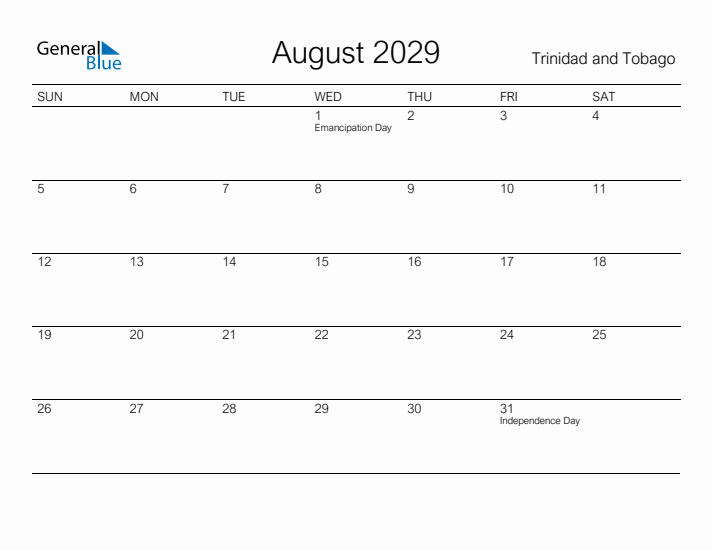 Printable August 2029 Calendar for Trinidad and Tobago