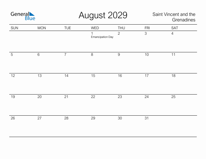 Printable August 2029 Calendar for Saint Vincent and the Grenadines