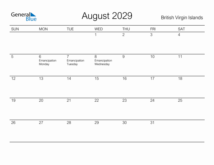 Printable August 2029 Calendar for British Virgin Islands