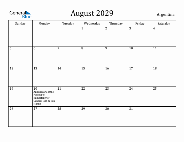 August 2029 Calendar Argentina