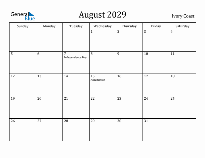August 2029 Calendar Ivory Coast