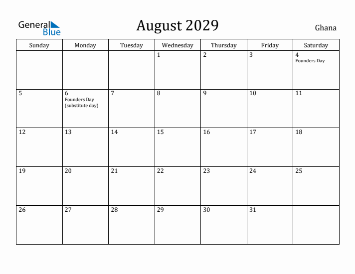 August 2029 Calendar Ghana