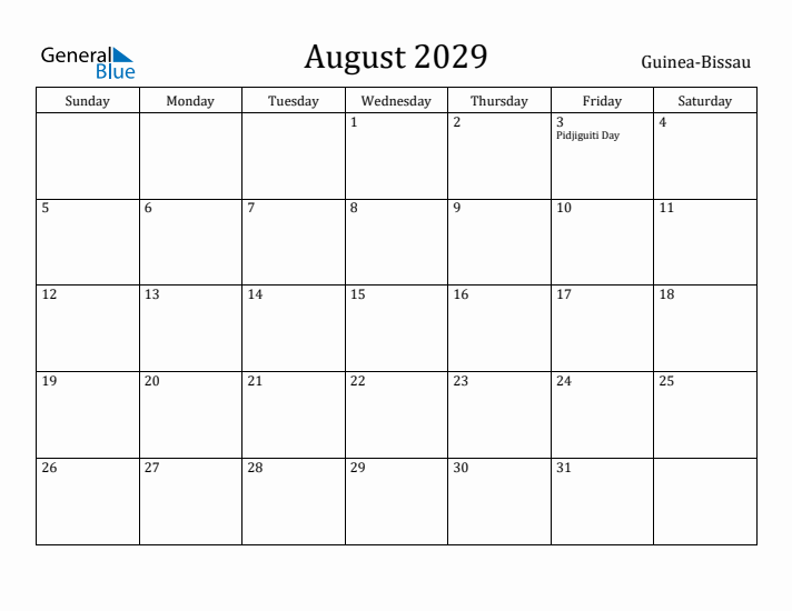 August 2029 Calendar Guinea-Bissau
