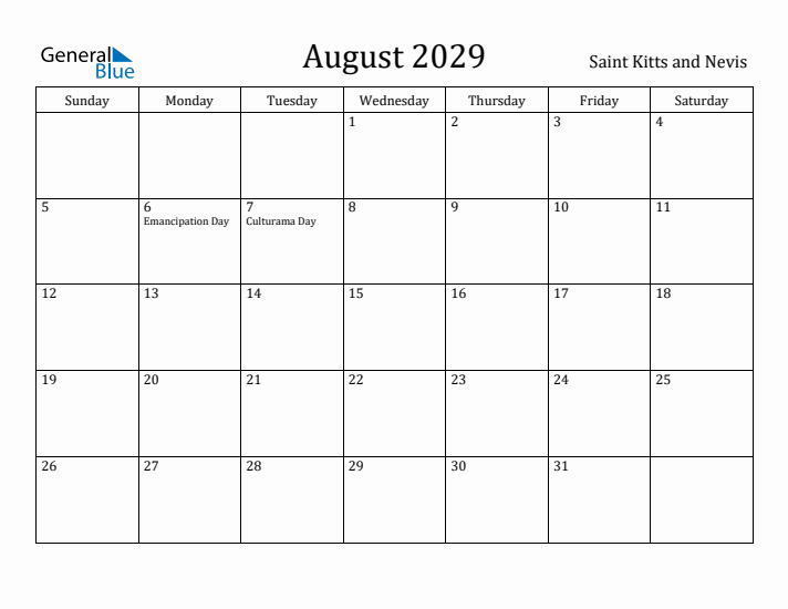 August 2029 Calendar Saint Kitts and Nevis