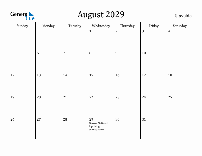 August 2029 Calendar Slovakia