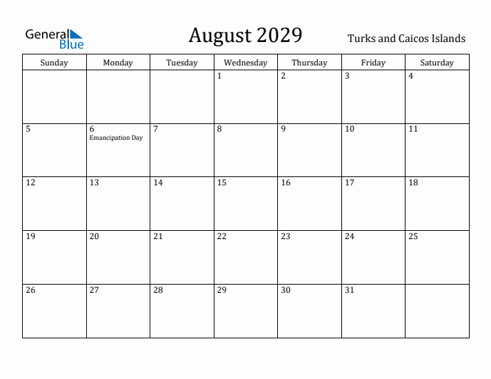 August 2029 Calendar Turks and Caicos Islands