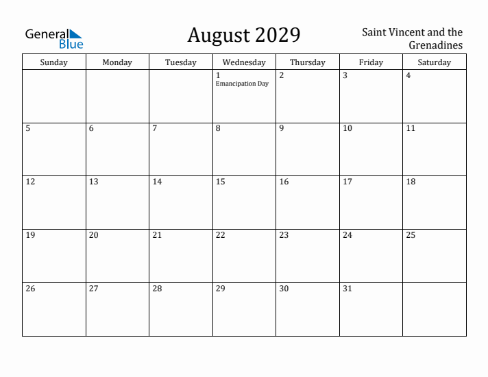 August 2029 Calendar Saint Vincent and the Grenadines